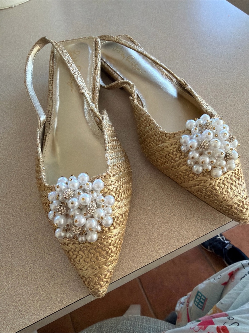 Lilly Pulitzer Gold Woven Pointed Slingback Mules with Pearl Cluster